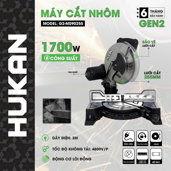 Máy cắt nhôm HUKAN G2-MS90255| Công Suất 1700W | Động Cơ Đồng - Dùng Dây Curoa | Đường kính đĩa 255MM| BH 6 Tháng