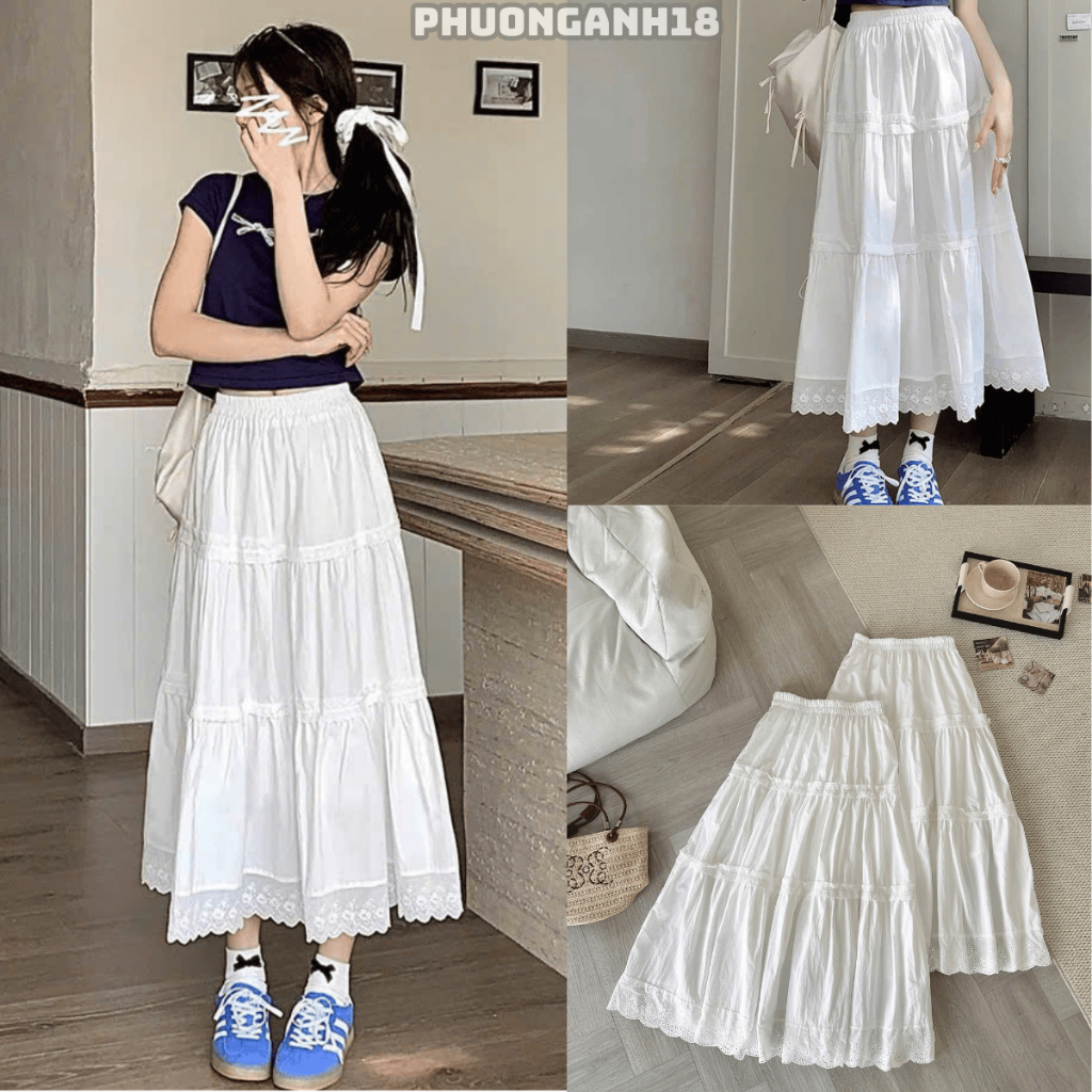 Chân váy maxi 3 tầng phối ren đi biển đi chơi tiểu thư 6218 A095
