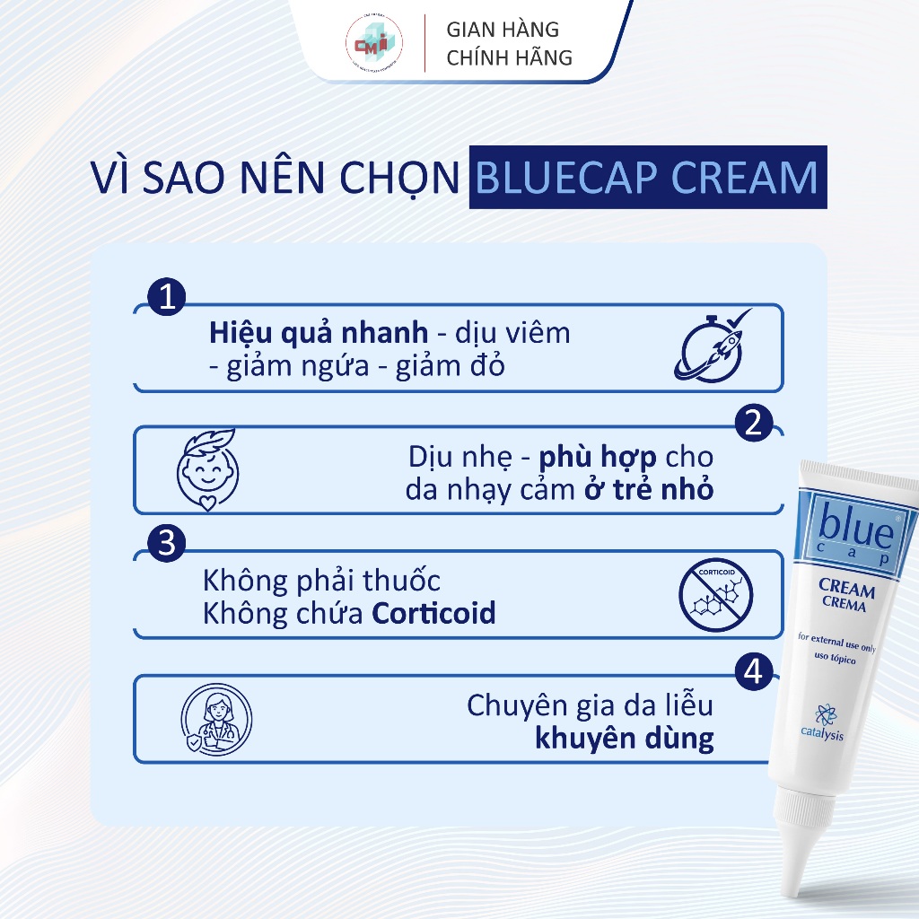 Blue Cap Cream 50g, Kem Bôi Viêm Da Cơ Địa Viêm Da Dị Ứng, Vảy Nến, Giảm Ngứa, Mẩn Đỏ, Dưỡng Ẩm, Làm Dịu Da