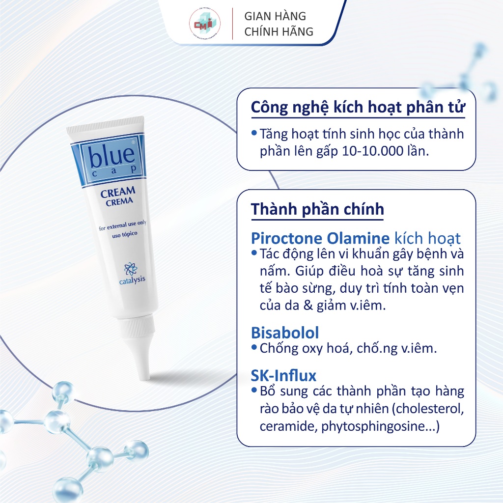 Blue Cap Cream 50g, Kem Bôi Viêm Da Cơ Địa Viêm Da Dị Ứng, Vảy Nến, Giảm Ngứa, Mẩn Đỏ, Dưỡng Ẩm, Làm Dịu Da