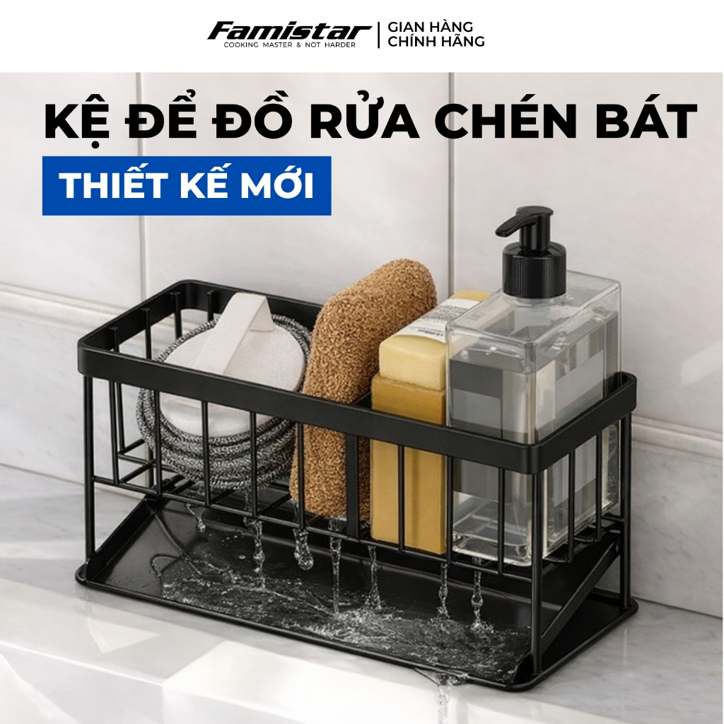 Kệ Để Đồ Rửa Chén Đen Sơn Tĩnh Điện Có Khay Hứng Nước Famistar Kệ Đựng Đồ Bồn Rửa Bát Tiện Lợi LSJ02