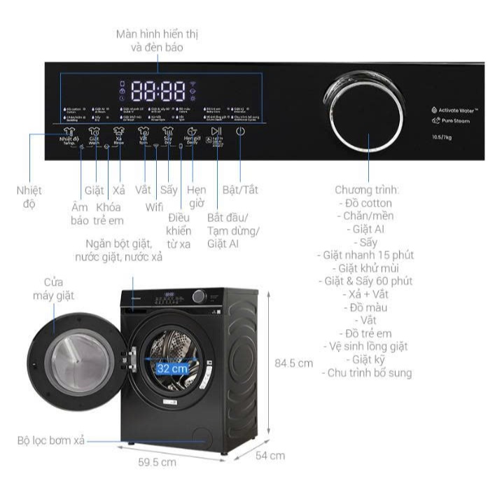 Máy Giặt Sấy Cửa Trước Hisense Inverter 10.5 kg/7kg WD105M3 - Giặt AI | Diệt Khuẩn - BH 3 Năm - Miễn Phí Giao Hàng