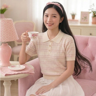 Áo Len Nữ PINK STRIPE KNIT LN02– Dệt Kim Kẻ Ngang Cổ Polo Trẻ Trung GEMINI