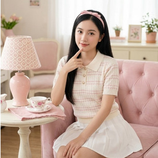 Áo Len Nữ PINK STRIPE KNIT LN02– Dệt Kim Kẻ Ngang Cổ Polo Trẻ Trung GEMINI