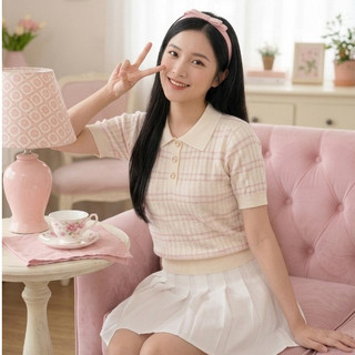 Áo Len Nữ PINK STRIPE KNIT LN02– Dệt Kim Kẻ Ngang Cổ Polo Trẻ Trung GEMINI