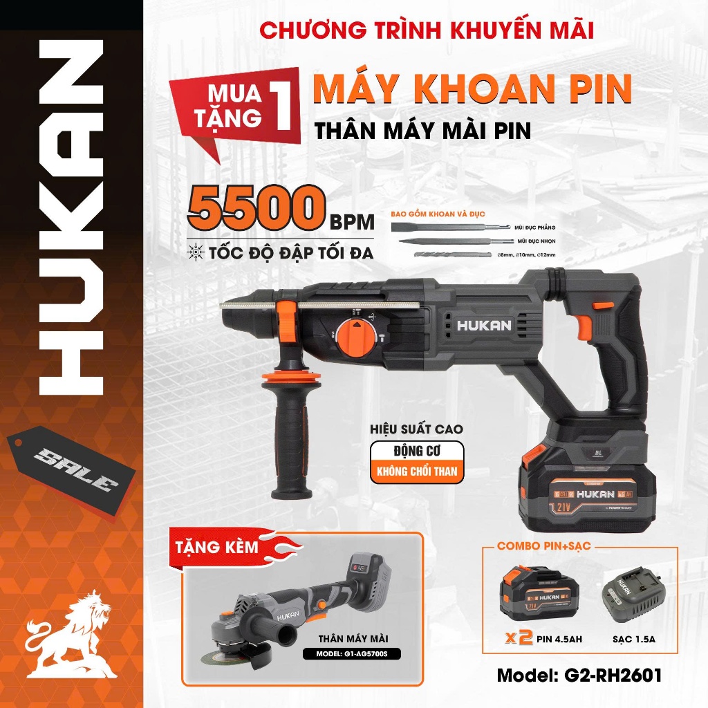Máy Khoan Đục Bê Tông Pin HUKAN 3 Chức Năng G2-RH2601 | Lực Đập 3.2J, 26mm, Không Chổi Than, Tặng 5 Mũi Khoan, Đục