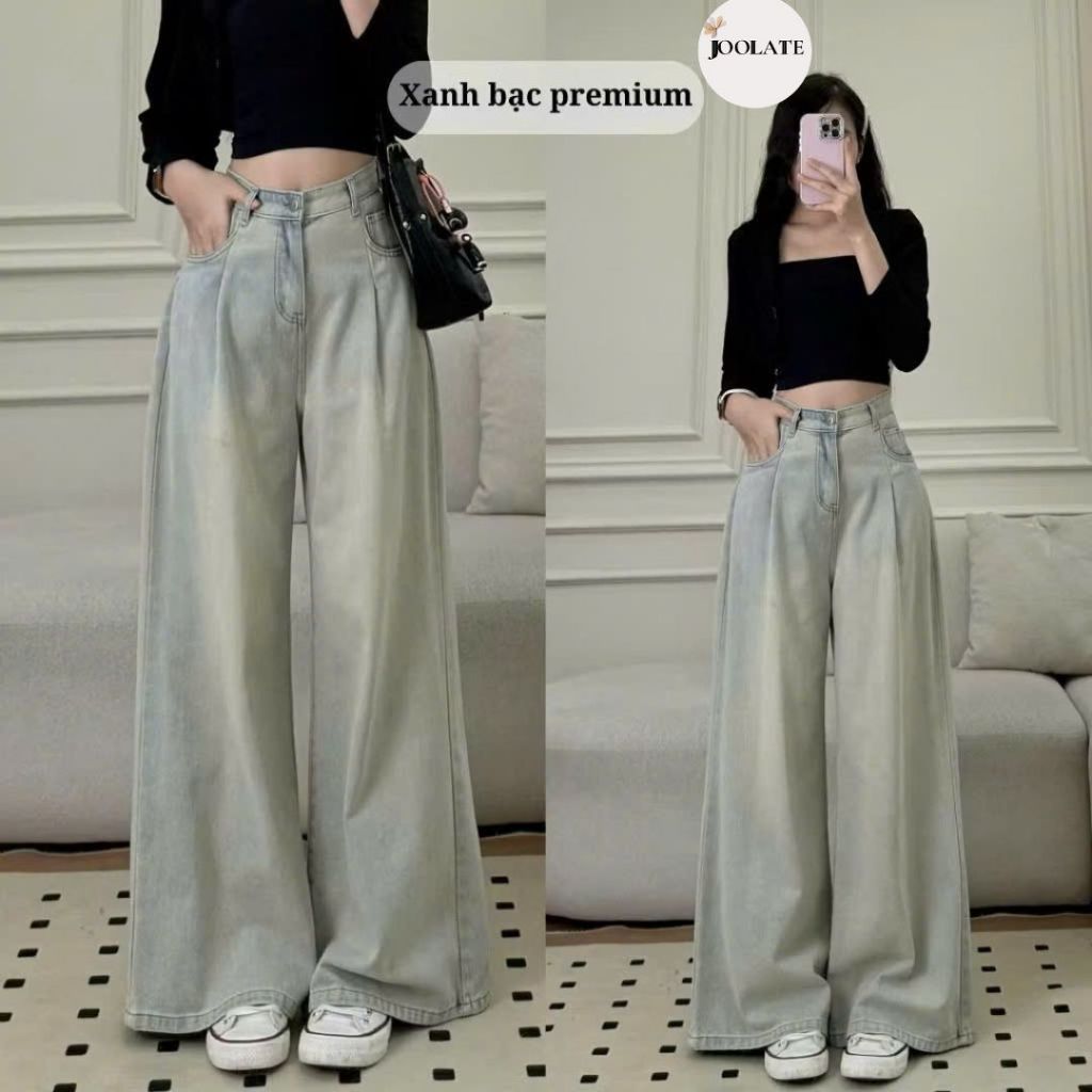Quần jeans bò ống xuông xếp ly ống rộng màu xanh nhạt phủ rêu vàng nhẹ dáng dài Joolate cạp cao tông dáng