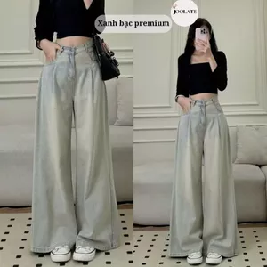 Quần jeans bò ống xuông xếp ly ống rộng màu xanh nhạt phủ rêu vàng nhẹ dáng dài Joolate cạp cao tông dáng