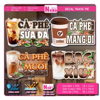 Decal Trang Trí Cà Phê, Bạc Xỉu, Tranh Dán Quán Nước, Cà Phê, Dán Tường, Tủ, Kính, Xe Đẩy - Sticker Chịu Được Mưa Nắng.