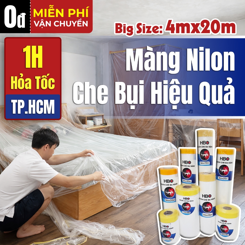 Màng bọc nilon che bụi nhiều kích thước, băng keo nilon che sơn ngăn bụi, màng nilon phủ đồ kích thước lớn