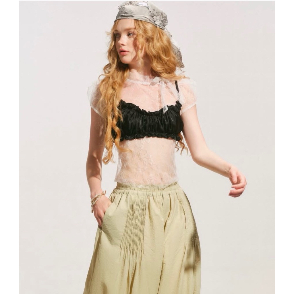 Fairy Top - Remmus | Áo lưới dệt hoa xuyên thấu tay phồng cổ buộc nơ - BST DOLLY HOUS