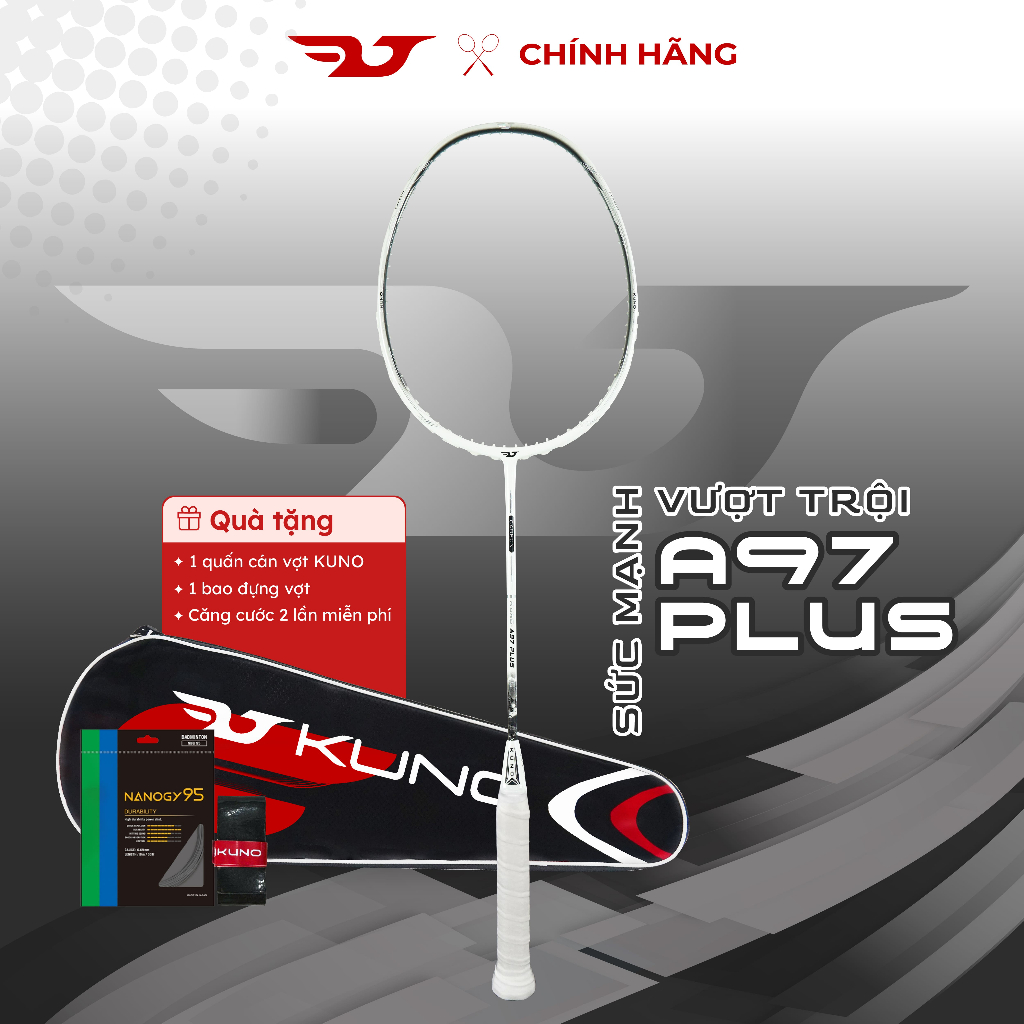 Vợt cầu lông KUNO A97 Plus Chính Hãng Phù Hợp Cho Mọi Lứa Tuổi, Căng Sẵn 10.5kg, Full Carbon 4U Tặng Kèm Quấn Cán