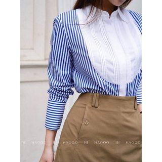Sơ mi nữ thiết kế kẻ xanh trắng bổ phối cầu ngực cổ đức HAGOO phong cách thanh lịch công sở [A8107]