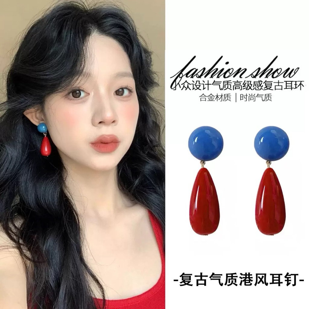 Bông Tai Đỏ Phối Xanh Phong Cách Hồng Kông Tân Cổ Điển Trang Sức Khuyên Tai Xanh Đỏ RB