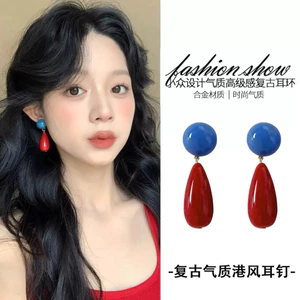 Bông Tai Đỏ Phối Xanh Phong Cách Hồng Kông Tân Cổ Điển Trang Sức Khuyên Tai Xanh Đỏ RB