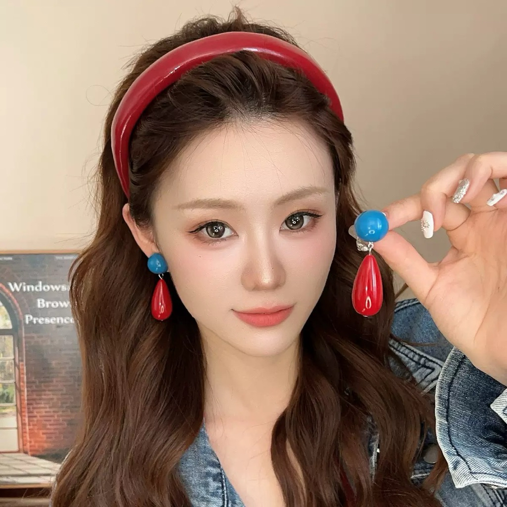 Bông Tai Đỏ Phối Xanh Phong Cách Hồng Kông Tân Cổ Điển Trang Sức Khuyên Tai Xanh Đỏ RB