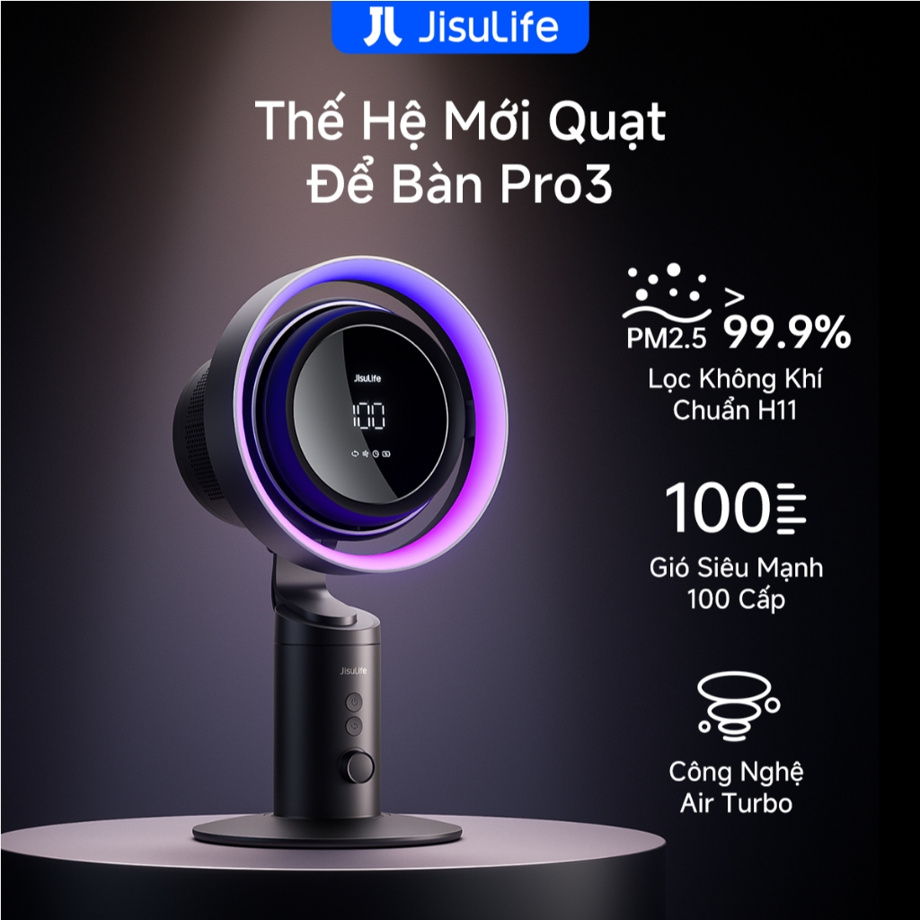 Quạt bàn JisuLife Pro 3 lọc khí pin 10000mAh pin bền gió mạnh 100 cấp gió xoay đầu, đèn RGB dùng văn phòng phòng ngủ