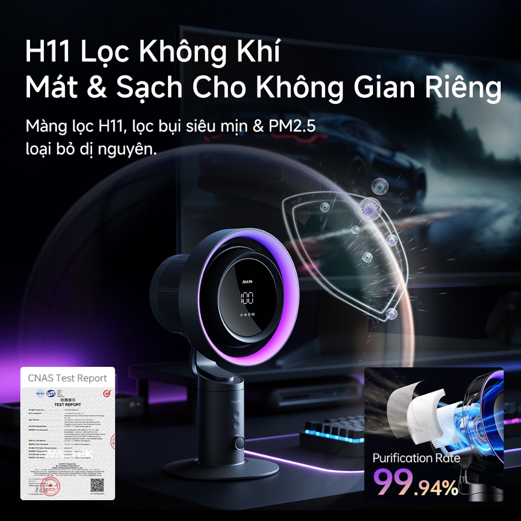 Quạt bàn JisuLife Pro 3 lọc khí pin 10000mAh pin bền gió mạnh 100 cấp gió xoay đầu, đèn RGB dùng văn phòng phòng ngủ