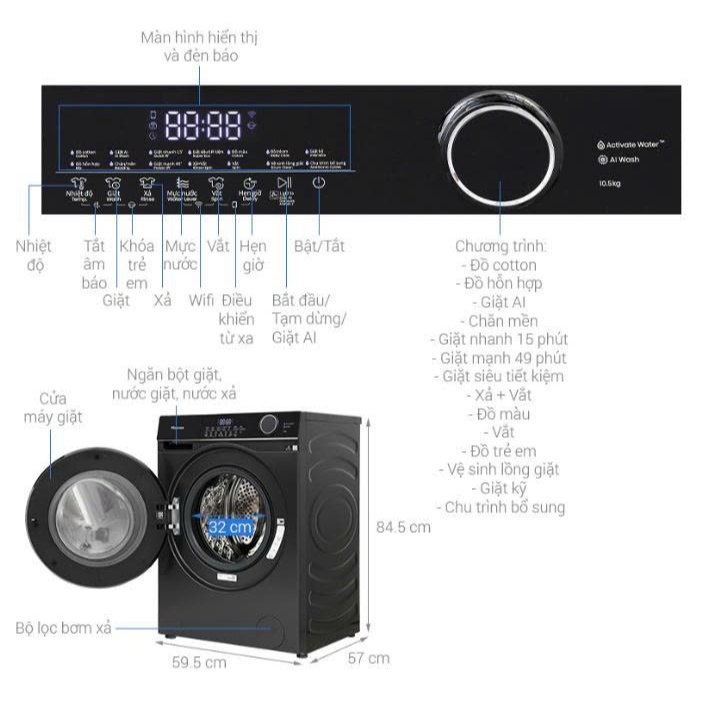 Máy Giặt Cửa Trước Hisense Inverter 10.5kg WF105M3 - Tiết Kiệm | Giặt AI | Diệt Khuẩn - BH 3 Năm - Giao Hàng Miễn Phí