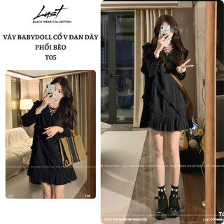 Váy babydoll cổ V đan dây phối bèo LUST chất liệu dày dặn T05