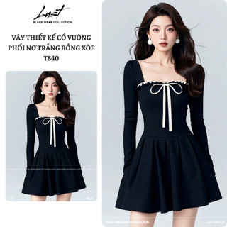 Váy thiết kế cổ vuông phối nơ trắng bồng xòe LUST chất liệu dày dặn T840