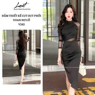 Đầm thiết kế cut out phối voan nơ cổ LUST chất liệu dày dặn V243