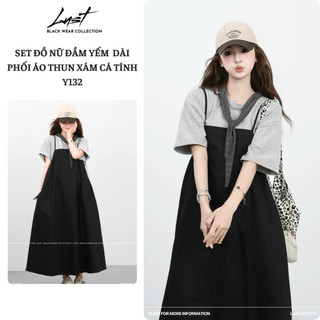 Set đồ nữ đầm yếm đen dài phối áo thun xám cá tính LUST, Set yếm phong cách trẻ trung năng động Y132
