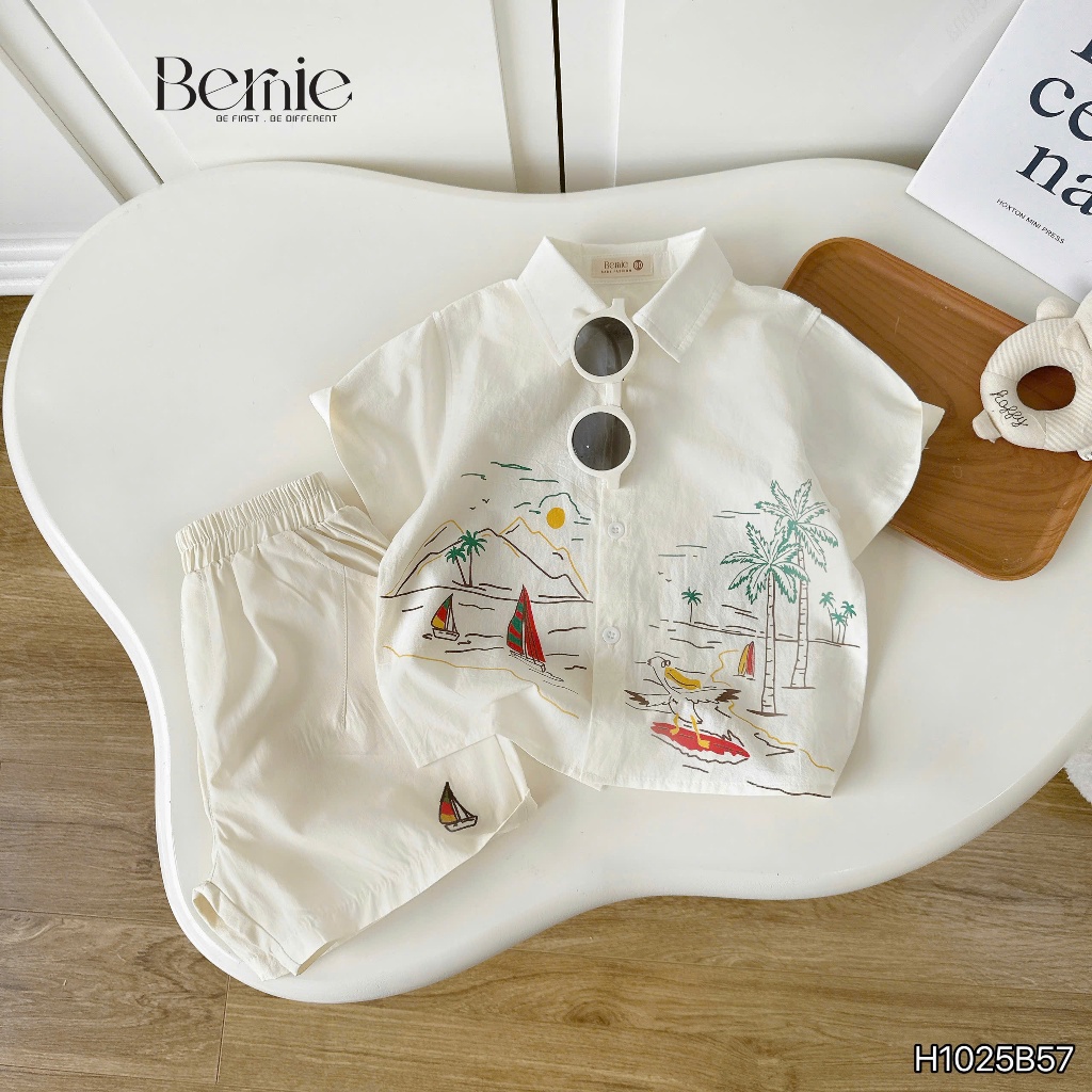 Bộ sơ mi đi biển cho bé trai, set bộ sơ mi cổ đức màu sáng siêu đẹp Bernie