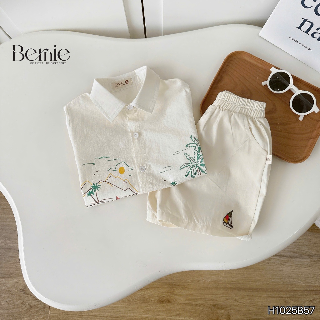 Bộ sơ mi đi biển cho bé trai, set bộ sơ mi cổ đức màu sáng siêu đẹp Bernie