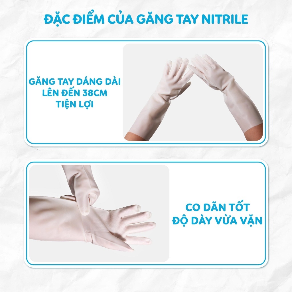 Găng tay dáng dài Nitrile không mùi MyJae rửa chén, bát, dọn dẹp nhà cửa 38CM