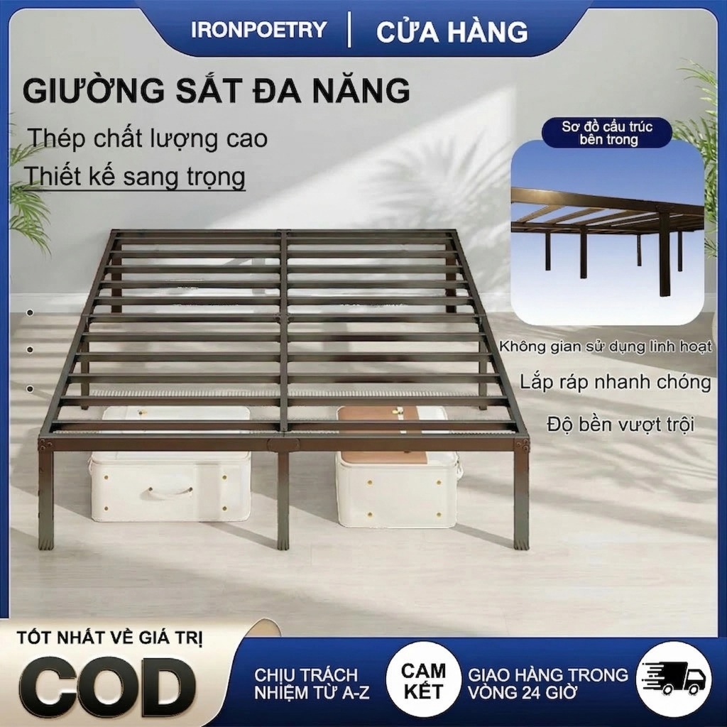 IRONPO Giường sắt Lắp ráp giường sắt Giường sắt chịu lực 1m/1m5/1m8Nhiều kích cỡ Làm dày và gia cố