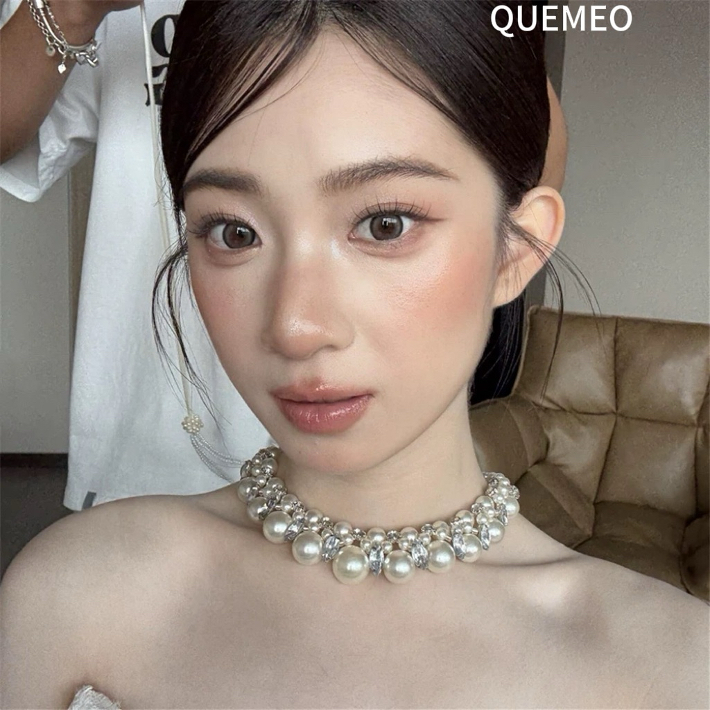HOẢ TỐC Vòng Cổ Hạt Tròn Đính Ngọc Trai Và Kim Cương Đá Kiểu Pháp Dây Chuyền Ngọc Trai Đi Tiệc Cô Dâu