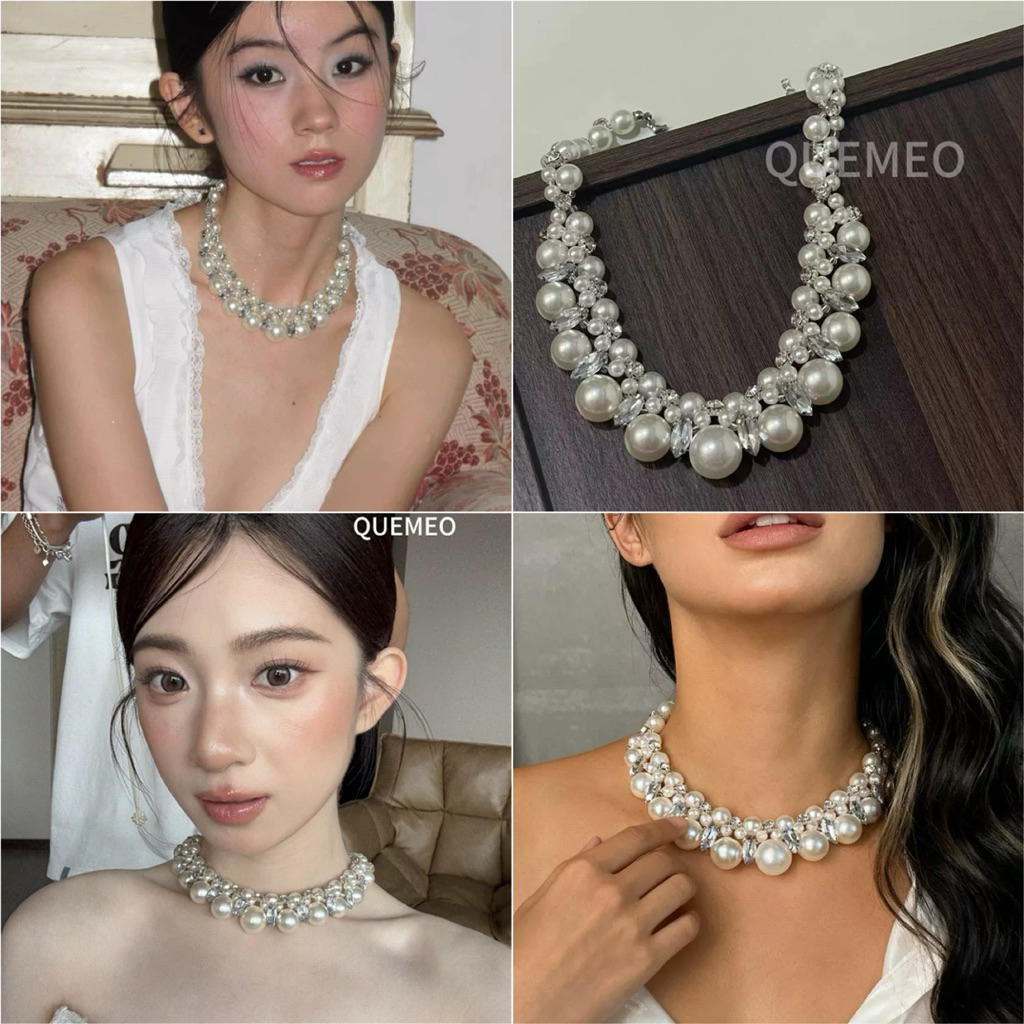 HOẢ TỐC Vòng Cổ Hạt Tròn Đính Ngọc Trai Và Kim Cương Đá Kiểu Pháp Dây Chuyền Ngọc Trai Đi Tiệc Cô Dâu