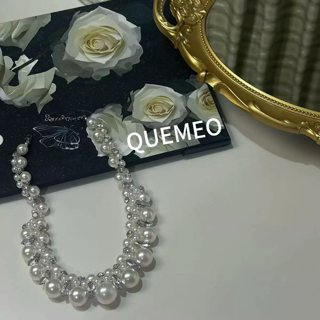 HOẢ TỐC Vòng Cổ Hạt Tròn Đính Ngọc Trai Và Kim Cương Đá Kiểu Pháp Dây Chuyền Ngọc Trai Đi Tiệc Cô Dâu