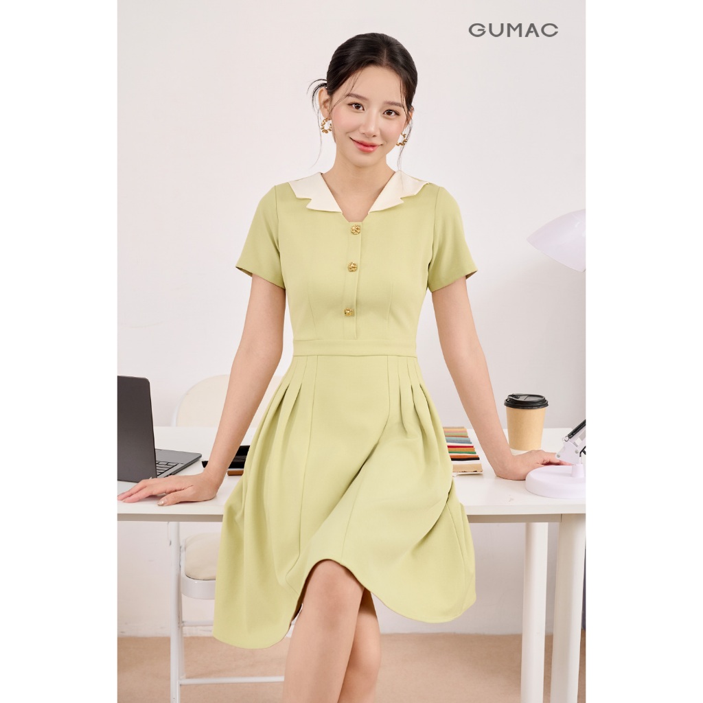 Đầm Nữ Form A Cổ Cách Điệu Tùng Váy Xếp Ly Có Hai Túi Sườn Chất Liệu Chéo Lạnh Mịn Mát Thời Trang GUMAC DF08005