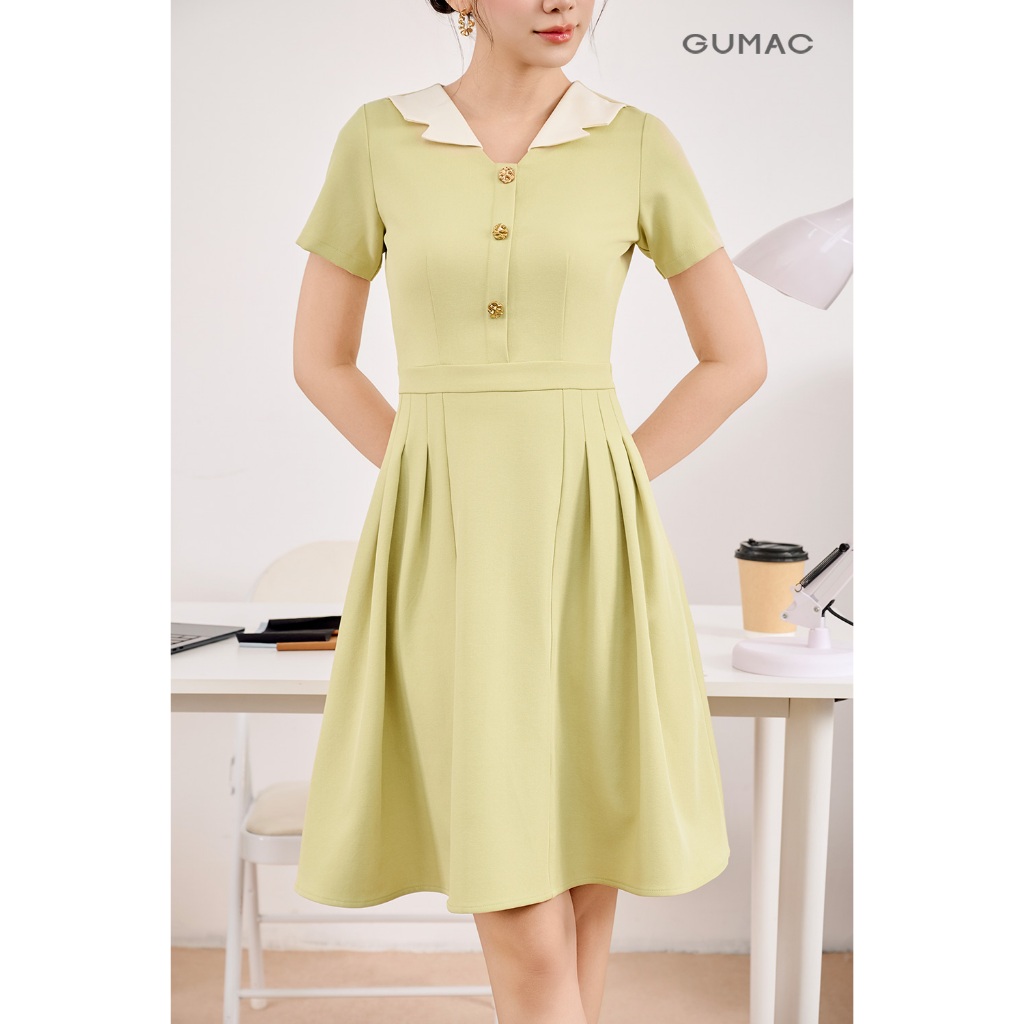 Đầm Nữ Form A Cổ Cách Điệu Tùng Váy Xếp Ly Có Hai Túi Sườn Chất Liệu Chéo Lạnh Mịn Mát Thời Trang GUMAC DF08005