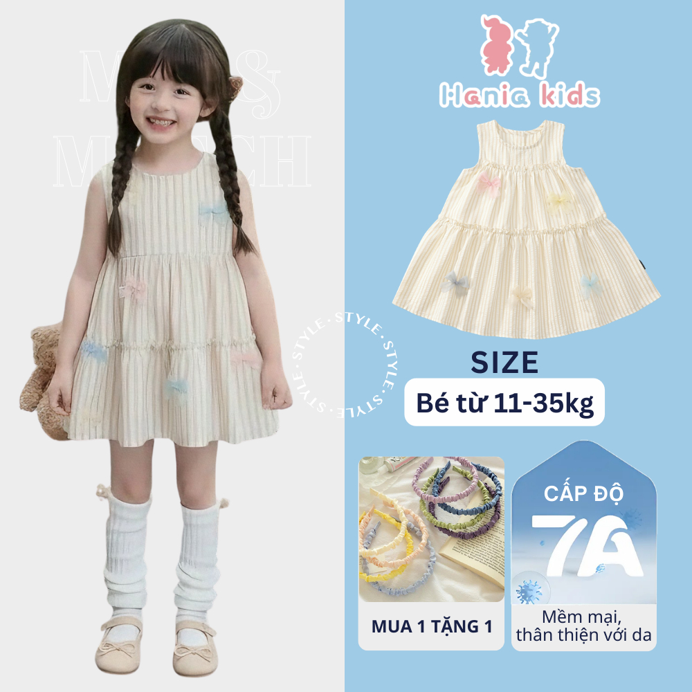 Váy Cho Bé, Váy Sát Nách Cho Bé Gái Phong Cách Tiểu Thư Phối Nơ Nổi Bật Chất Liệu Cotton 100%