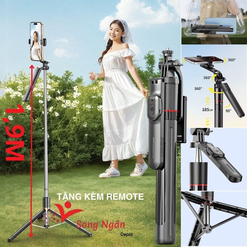 Gậy Chụp Ảnh Selfie Tripod 3 Chân 1m9 Có Remote Giá Đỡ Điện Thoại Quay Video Livestream Chống Rung