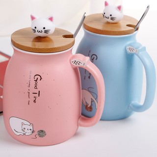 Quà tặng sinh nhật ly sứ đáng yêu, ly sứ hình con mèo đựng sữa - 420ml có nắp thìa uống nước