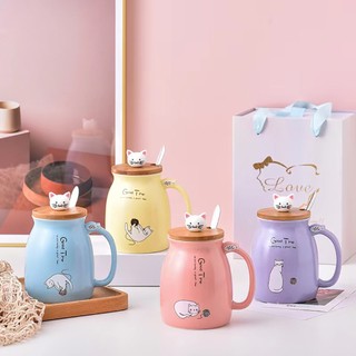 Quà tặng sinh nhật ly sứ đáng yêu, ly sứ hình con mèo đựng sữa - 420ml có nắp thìa uống nước