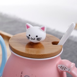 Quà tặng sinh nhật ly sứ đáng yêu, ly sứ hình con mèo đựng sữa - 420ml có nắp thìa uống nước
