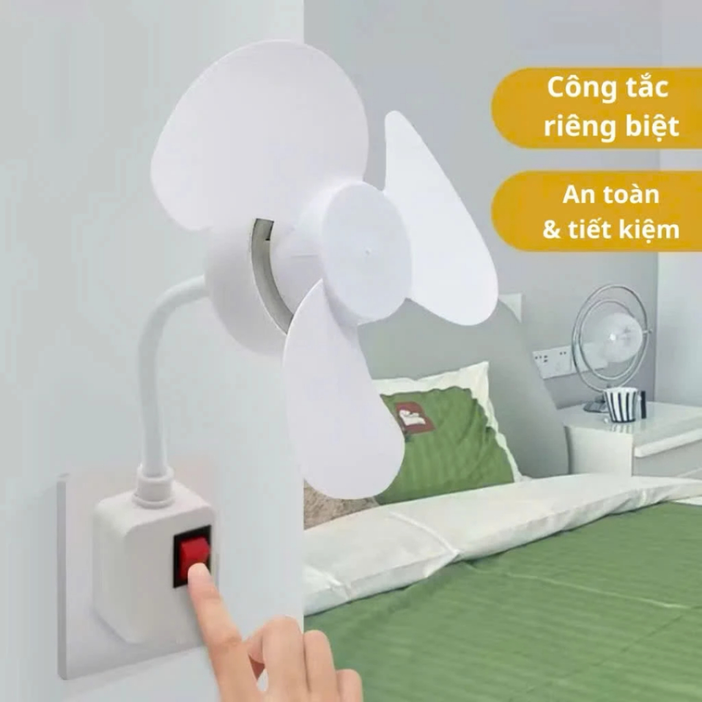 Quạt Cắm Ổ Điện Mini Treo Tường, Xoay Góc Linh Hoạt, Gọn Nhẹ, Tiết Kiệm Điện