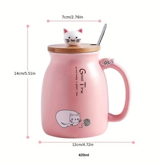 Quà tặng sinh nhật ly sứ đáng yêu, ly sứ hình con mèo đựng sữa - 420ml có nắp thìa uống nước