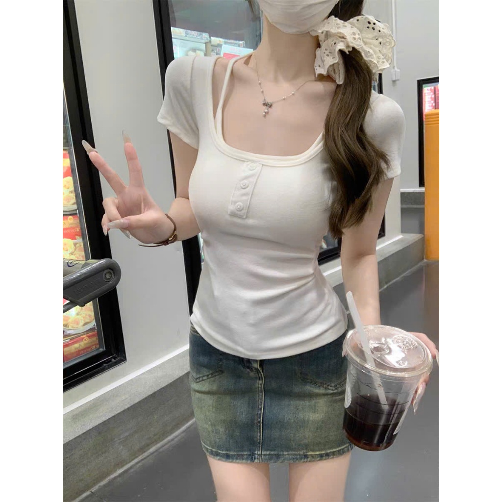 [CÓ SIZE] Áo Thun Ngắn Tay Cổ Yếm Ôm Dáng RANSHI Nhún Eo Tôn Dáng Trẻ Trung Chất Thun Cotton Mềm Mát