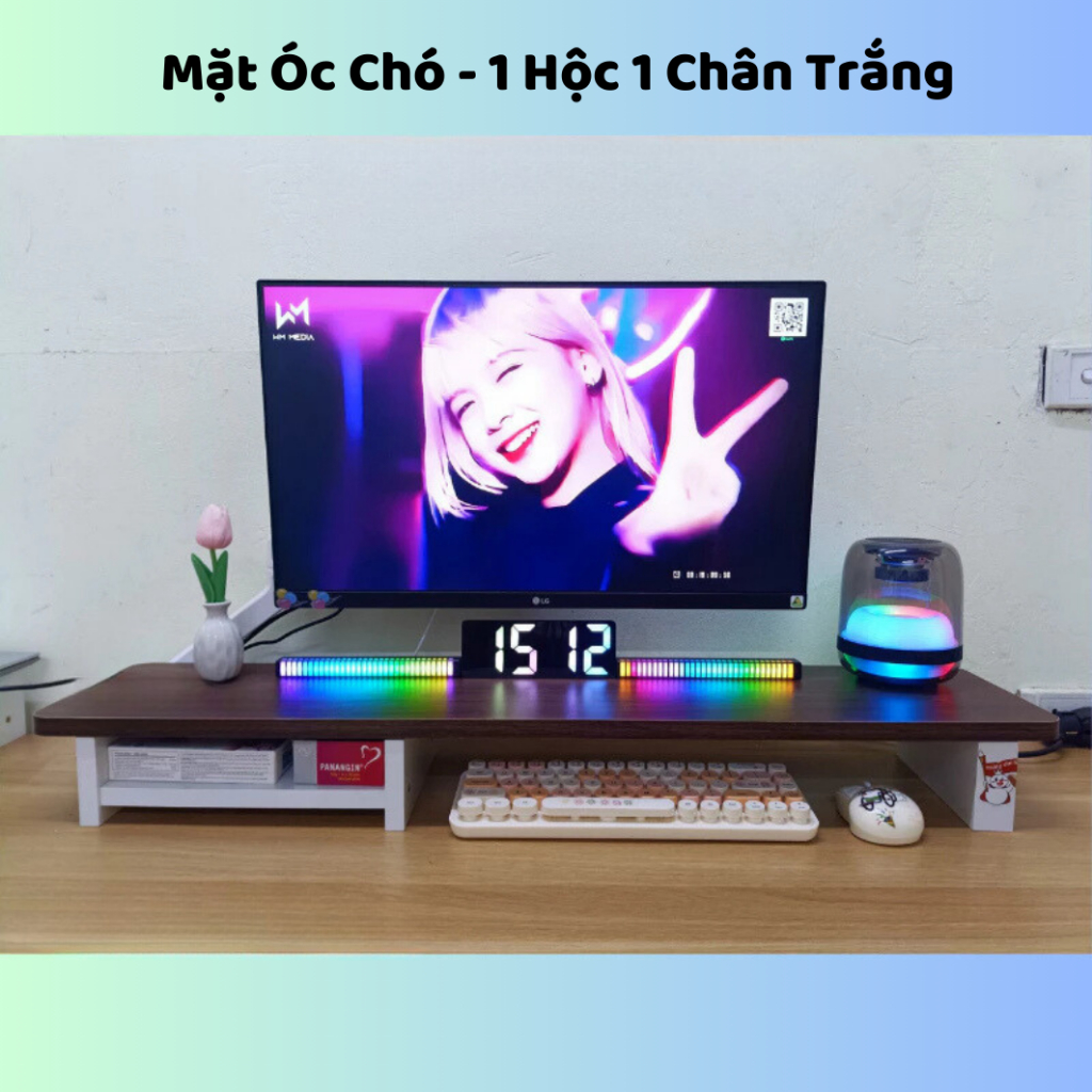 Kệ màn hình gỗ bo góc có ngăn decor bàn làm việc, kê màn hình máy tính PC gỗ dài 60/80/100cm 1m