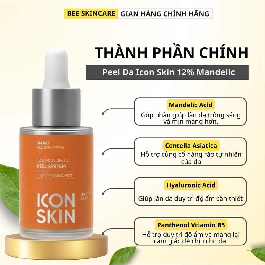 Peel Da Icon Skin 12% Mandelic Smart Peel System Giảm Mụn, Tái Tạo Da, Làm Mịn Da Bee Skincare