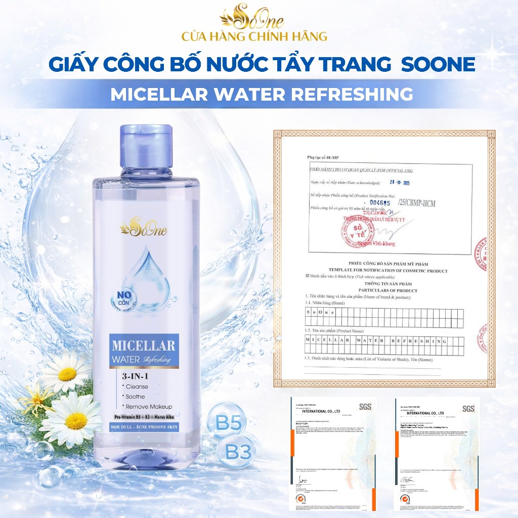 Nước Tẩy Trang SoOne Làm Sạch Tươi Mát Da,Không Cồn,Parapen,Hương Liệu Micellar Water Xanh Nhạt390ml