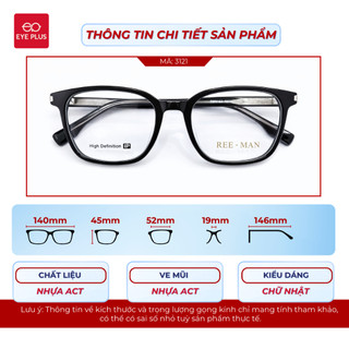 [RM] Kính Cận Dáng Vuông Nam Nữ Reeman 3122 Eye Plus Gọng Nhựa Acetate Cao Cấp Kiểu Dáng Thời Trang