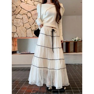 Chân váy voan xếp tầng viền nổi dáng dài Maxi xòe bồng lưng chun phối dây hai lớp hàng Quảng Châu.