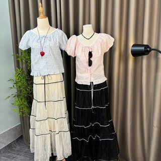 Chân váy voan xếp tầng viền nổi dáng dài Maxi xòe bồng lưng chun phối dây hai lớp hàng Quảng Châu.